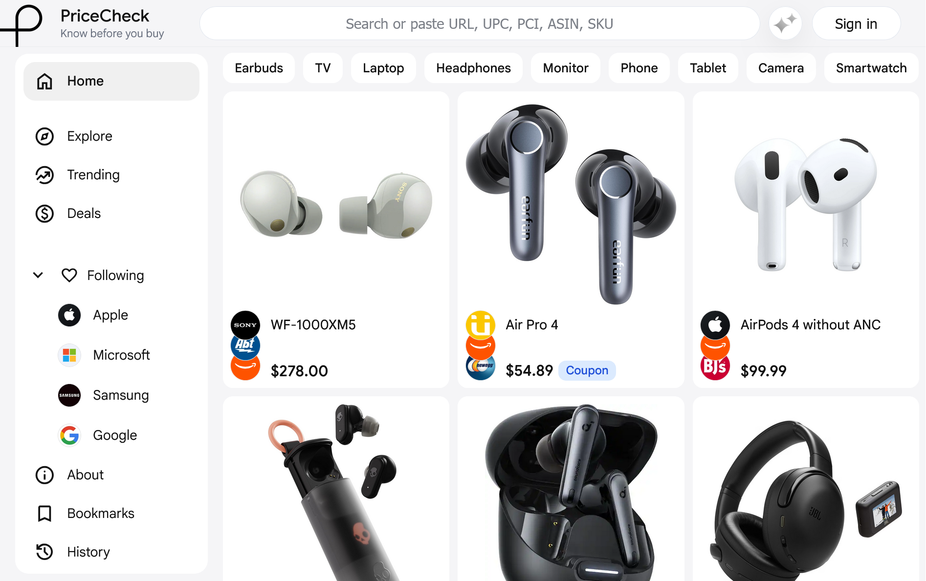PriceCheck website screenshot